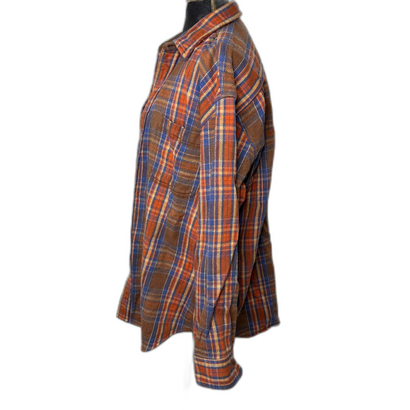 St. John’s Bay Men’s Flannel Shirt Large Brown Orange Blue Plaid 100% Cotton - Picture 4 of 6